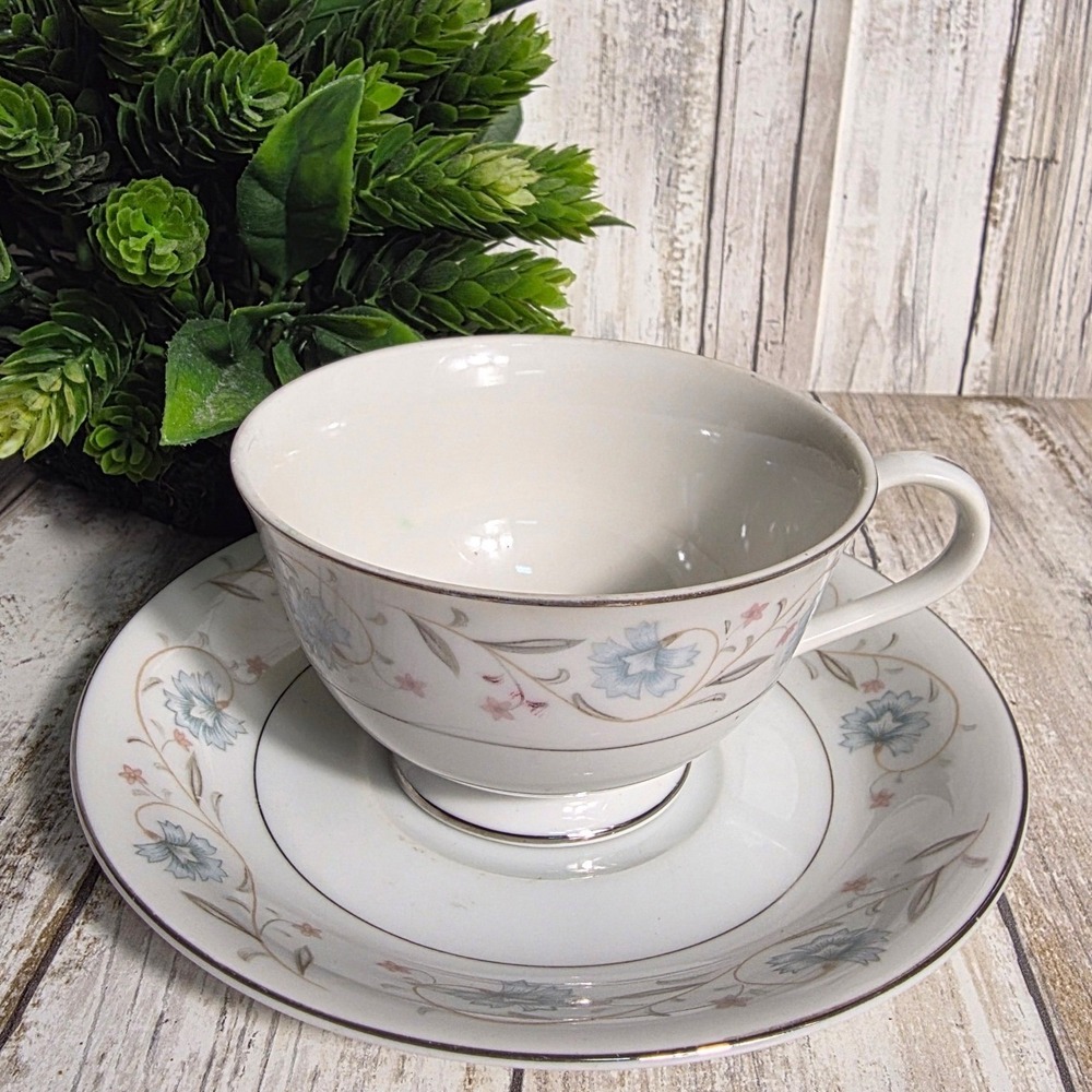 English Garden Fine China Teacup and Saucer 1221 Japan Floral Blue Pink‎ Silver